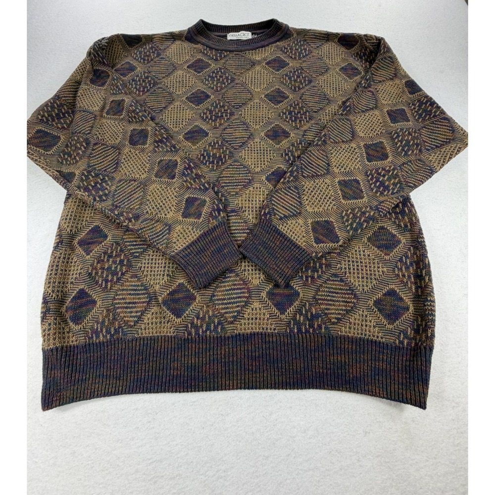 Bellagio Mens XL Cotton Sweater Italian Design Geometric Diamond Knit Brown Blue